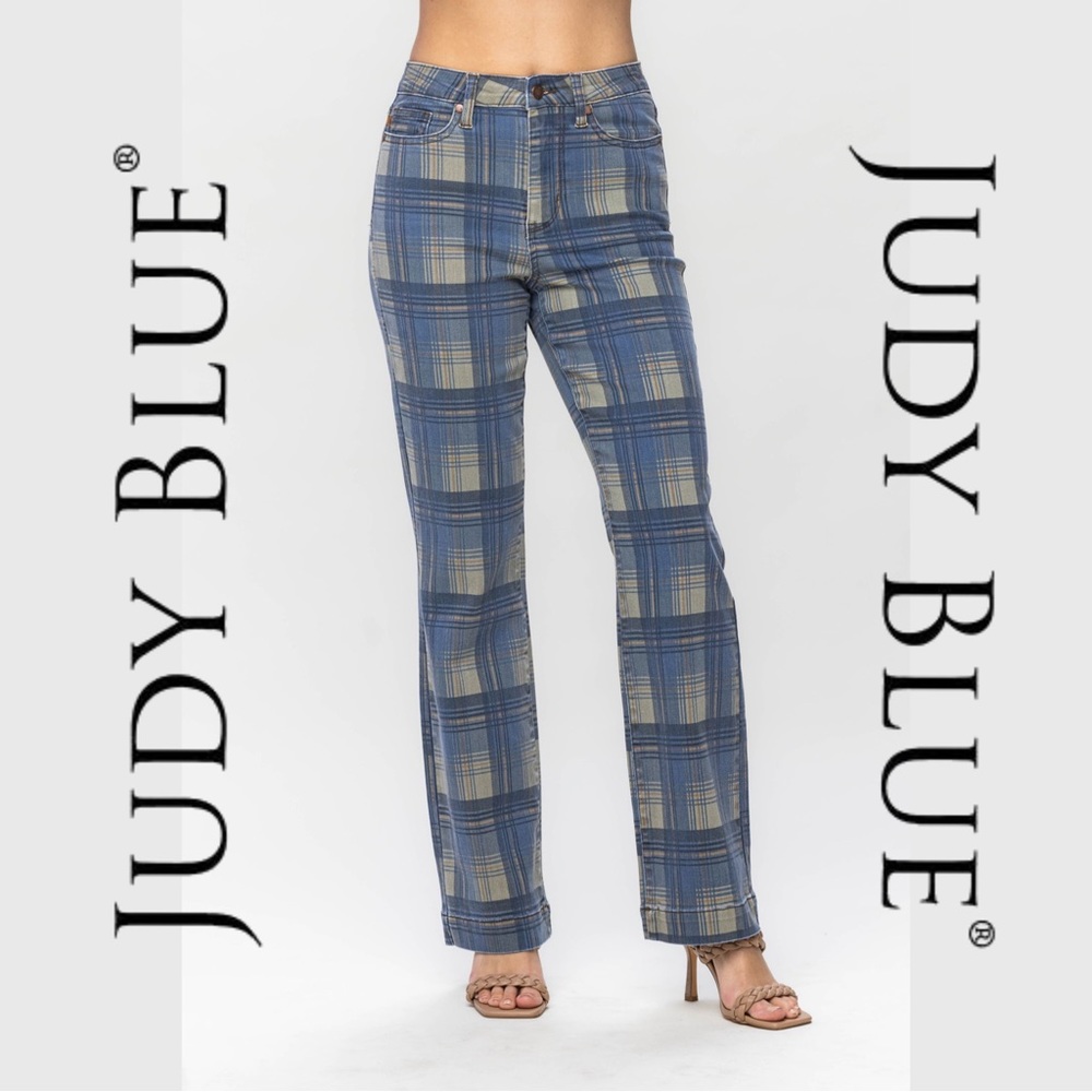 🌟NEW!!🌟JUDY BLUE | High Waist Vintage Look Plaid Straight Jeans - Style #88697